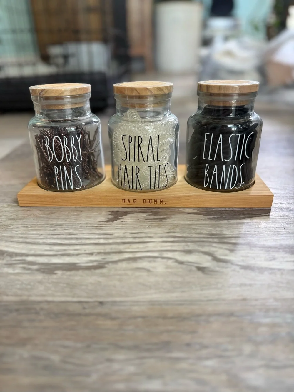 Rae Dunn Set Small Glass Jar w/Wood Lid with Bobby Pins Hair Ties & Bands NEW